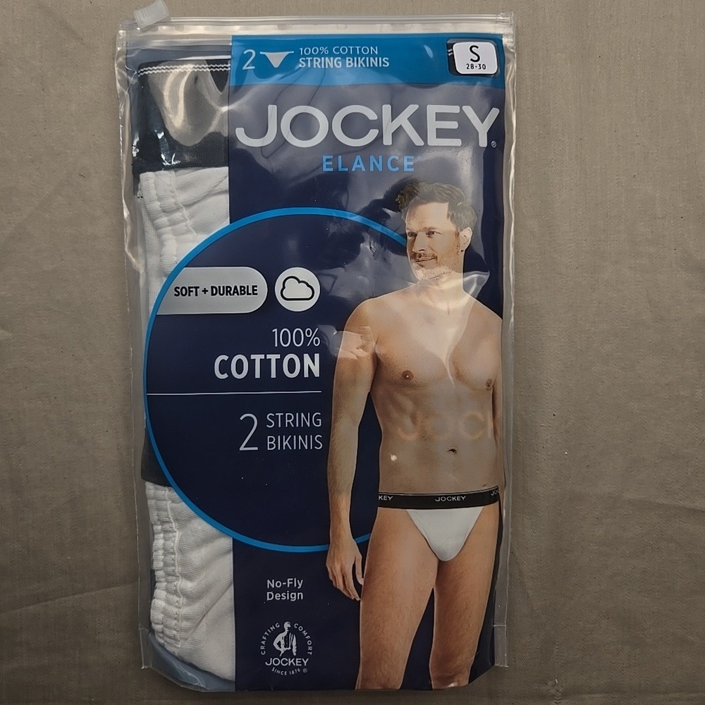 Jockey Elance Mens 2 Pack String Bikinis 100% Cotton White Small 28-30